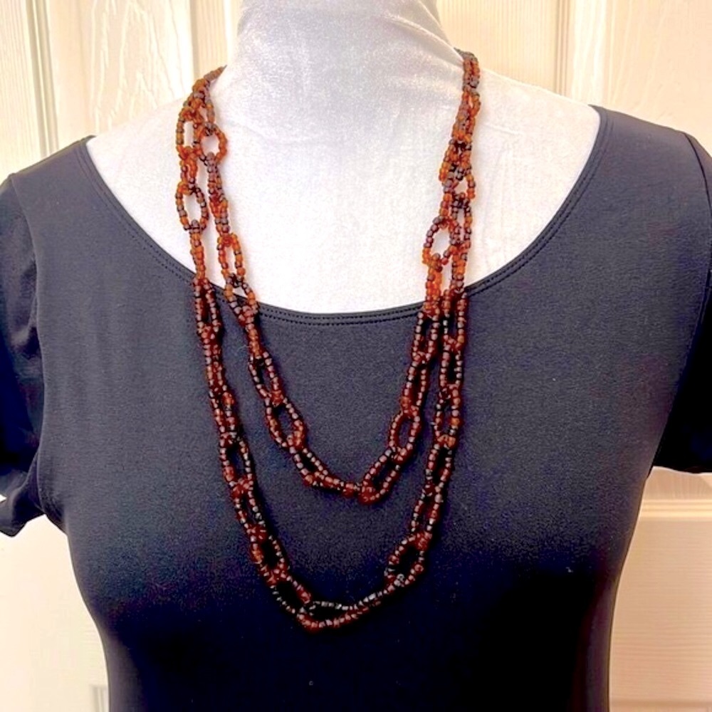 Tortoise Shell Bead Statement Beaded Necklace Chain Large Links